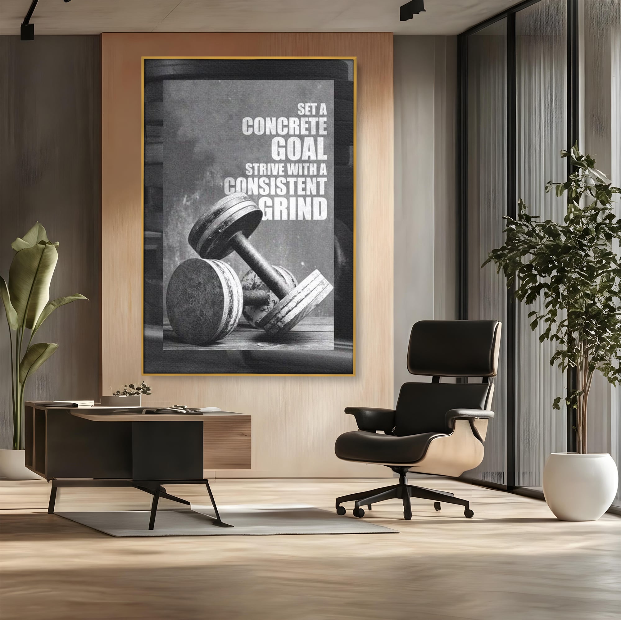 Tablou canvas cu tablou motivational cu gantere si text, in rama de aluminiu auriu, pe perete intr-un birou